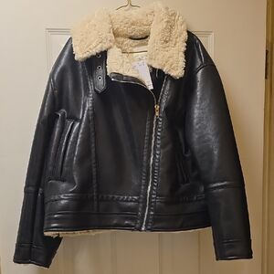 H&M Black Leather Jacket with Shearling Collar